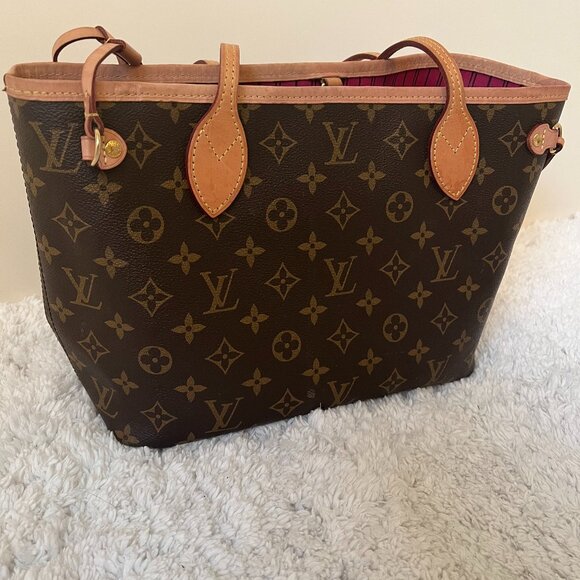 Louis Vuitton Neverfull PM Monogram with Pouch Pochette Tote Purse Fuchsia Pink - Picture 1 of 12